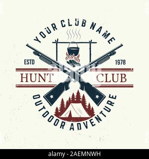 Hunting club. Vector. Concept for shirt, label, print, stamp or tee. Vintage typography design with hunting gun, pot on the fire, camping tent and forest silhouette. Outdoor adventure hunt club emblem Stock Vector