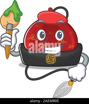 Cheerful traditional chinese hat Artist cartoon character with brush Stock Vector