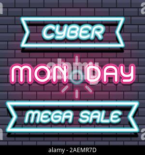 Created mega sale cyber monday on brick wall background, vector Stock Vector
