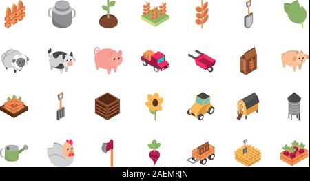 farm harvest agriculture rural isometric icons collection vector illustration Stock Vector