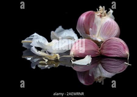 Garkic bulb and cloves with reflection isolated on a black background Stock Photo
