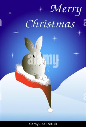 The hare sits in a cap Santa and congratulates on Christmas Stock Vector