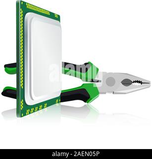 pliers and computer processor on a white background Stock Vector