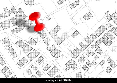 Imaginary cadastral map of territory with buildings, roads and land parcel - concept image with a red pushpin on it Stock Photo