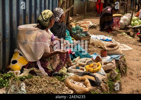 Ethiopia, Amhara Region, Debark, town centre, market area, women traders selling locally grown grains, beans and pulses Stock Photo