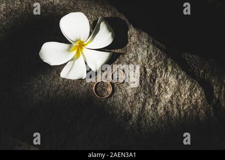 Two golden wedding rings and frangipani flower on stone textured background. Contrast sunlight. Wedding concept. Stock Photo