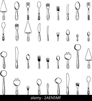 Spoons, forks and knives on a white background. Vector illustration. Stock Vector