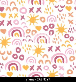 Seamless abstract kids painted sun and rainbow pattern. Doodle background children. Hand drawn repeating simple geometric abstract design for kids Stock Photo