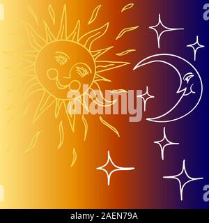 Vector illustration of Moon and Sun with faces Stock Vector
