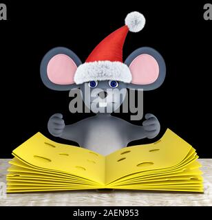 Cute mouse and slices of cheese folded like a book on a white wooden table isolated on black. 3d render Stock Photo