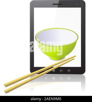 Tablet PC computer with ceramic mug with wooden sticks isolated on white background. Vector  illustration.