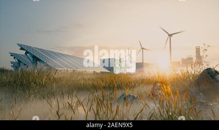 Concept of renewable energy solution in beautiful morning light. Installation of solar power plant, container battery energy storage systems, wind tur Stock Photo