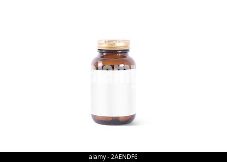 Blank amber glass pill can with white label mockup, isolated Stock Photo