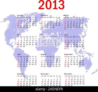calendar 2013 with world map. Sundays first Stock Vector
