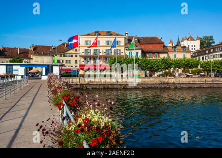 Waterfront in Nyon. Nyon is a town on the shores of Lake Geneva in the canton of Vaud in Switzerland Stock Photo