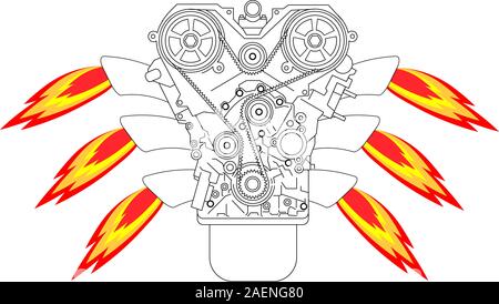 Internal combustion engine, with fire from the exhaust pipe. Vector illustration. Stock Vector