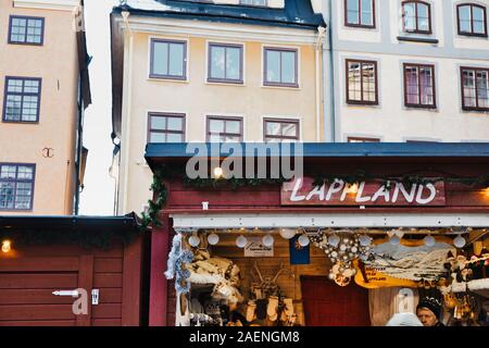 Lapland stall at Christmas Market, Stortorget, Gamla Stan (Stockholm's old town), Stockholm, Sweden, Scandinavia Stock Photo