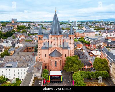 Mainz Cathedral aerial panoramic view, located at the market square of Mainz city in Germany Stock Photo