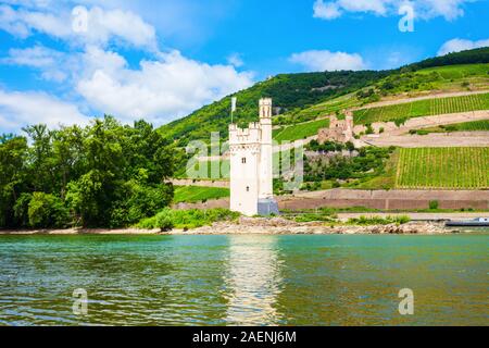 Mouse Tower or Binger Mauseturm is a tower on an island in the Rhine river near Bingen am Rhein in Germany Stock Photo