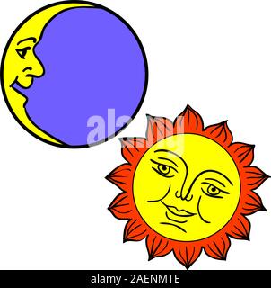 Vector illustration of Moon and Sun with faces Stock Vector