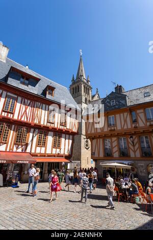Vannes (Brittany, north-western France): half-timbered houses in 'place Henri IV' square, in the city centre, with the Cathedral of Saint-Pierre (St.