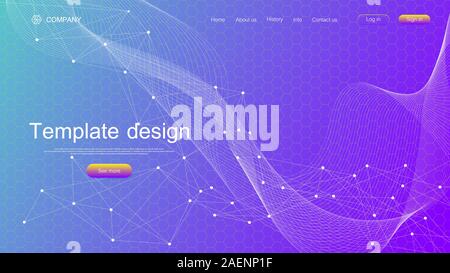 Website template design. Asbtract scientific background with colorful dynamic waves, hexagonal innovation pattern. Modern landing page for websites or Stock Vector