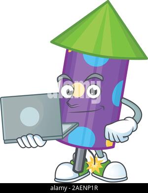 Happy smiling dot fireworks rocket cartoon character working with laptop Stock Vector