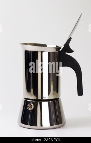 Moka coffee maker in steel for home coffee preparation, typical Italian cuisine Stock Photo