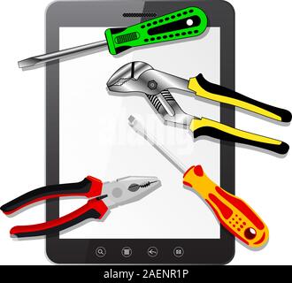 tablet PC computer with blank screen with tools  isolated on white background. Vector  illustration. Stock Vector