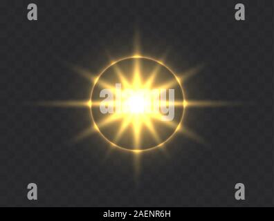 Shining sun flare isolated on dark transparent background. Stock Vector