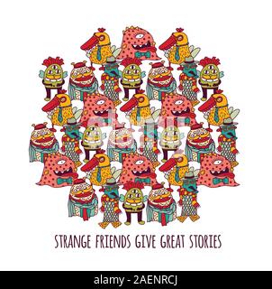 Aliens different freaks strange friends isolate on white. Color vector illustration EPS8 Stock Vector