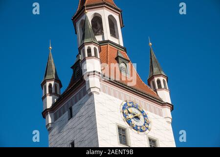 Architectural details of the Old Town Hall clock tower, Old Town, Munich, Bavaria, Germany Stock Photo