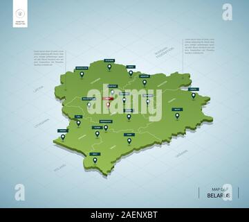 Stylized map of Belarus. Isometric 3D green map with cities, borders, capital Minsk, regions. Vector illustration. Editable layers clearly labeled. En Stock Vector