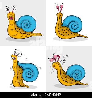 Set of cartoon snail different emotions on white background. illustration comic snail characters design. Stock Vector