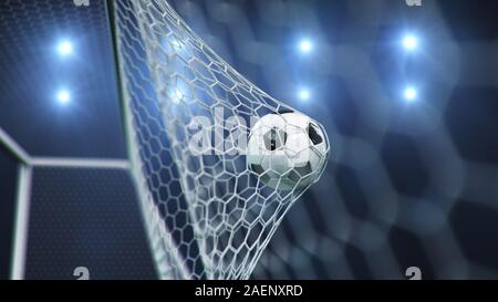 Soccer ball flew into the goal. Soccer ball bends the net, against the background of flashes of light. Soccer ball in goal net on blue background. A Stock Photo