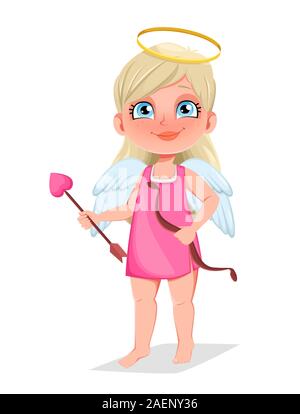 Happy Valentines Day. Cupid girl with bow and love arrow, cute cartoon character. Vector illustration isolated on white background Stock Vector