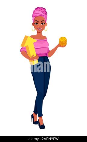 Young beautiful African American business woman holding bitcoins and arrow. Cute businesswoman cartoon character. Vector illustration on white backgro Stock Vector