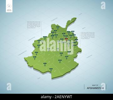 Stylized map of Afghanistan. Isometric 3D green map with cities, borders, capital Kabul, regions. Vector illustration. Editable layers clearly labeled Stock Vector
