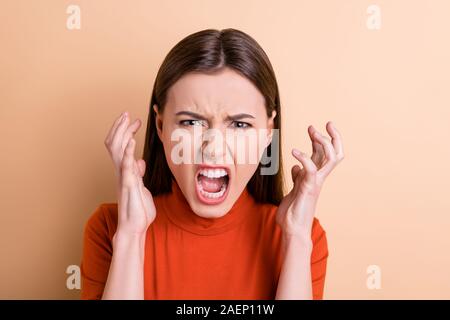 Close-up portrait of her she nice attractive crazy outraged gloomy frustrated wild desperate straight-haired girl expressing rage despair isolated Stock Photo