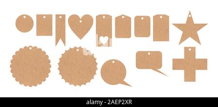 Beige recycled price tags various shapes isolated cutout against white background. Sale concepd, illustration Stock Photo