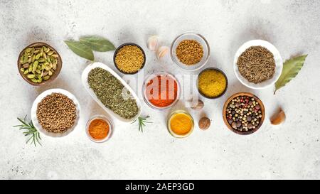Spices Set on white background. Assortment, set of various spices and condiments flat lay with copy space. Stock Photo