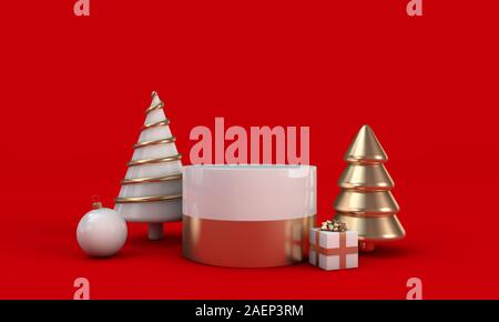Festive christmas abstract red white gold round podium empty stand. 3D Render Stock Photo