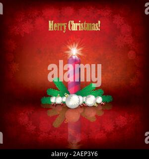 Abstract Christmas illustration with candle and decorations on red grunge background Stock Vector