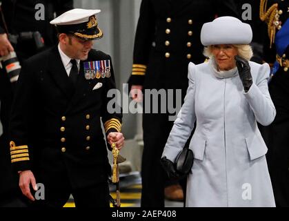 The Duchess of Cornwall arrives for the commissioning ceremony of the Royal Navy aircraft carrier, HMS Prince of Wales, at Portsmouth Naval Base. Stock Photo