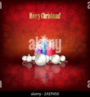 Abstract Christmas illustration with candles and decorations on grunge red background Stock Vector