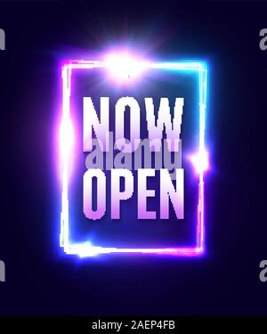 Now Open sign. Neon letters in rectangle glowing frame. Store or bar door bright signage design template. Color star square night light banner on dark Stock Vector