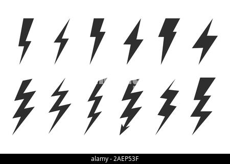 Thunder and bolt lighting elements. Flash icons set. Elestric blitz. Vector thunderbolt on white background Stock Vector