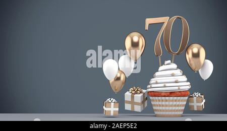 Number 70 gold birthday cupcake with balloons and gifts. 3D Render Stock Photo