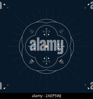 Decorative rosette emblem element. Circular floral line style design for branding or packaging. Stock Vector