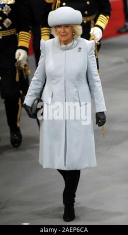 The Duchess of Cornwall during the commissioning ceremony of the Royal Navy aircraft carrier, HMS Prince of Wales, at Portsmouth Naval Base. Stock Photo